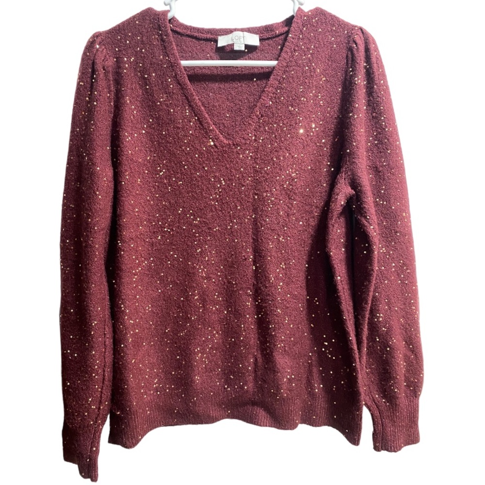 Loft Burgundy Sequin Sweater,‎ size Large Puffy sleeves V neck